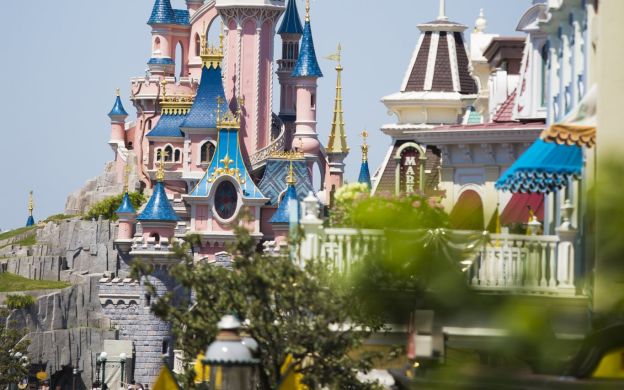 Captivating close view of Disneyland Paris' beautiful facade, inviting you into a world of enchantment and childhood dreams.