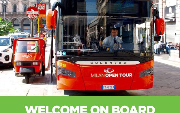 Vibrant red Milan Open Tour Hop-On, Hop-Off bus, offering a convenient and enjoyable way to explore the city's attractions.