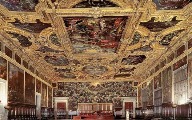 Intricate interior of Doge's Palace, an epitome of opulence, captivates with historical elegance and exquisite beauty.