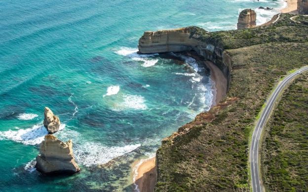 Breathtaking aerial perspective of the Great Ocean, revealing its stunning coastline and captivating natural beauty from above.