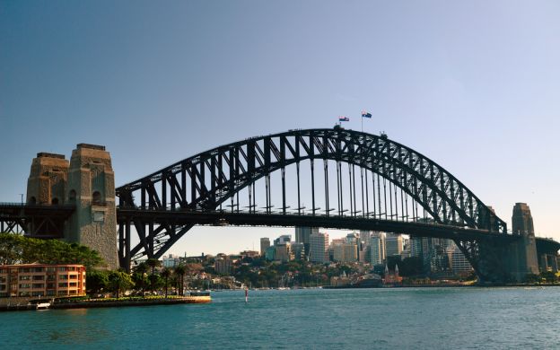 A stunning picture showcasing Sydney's iconic bridge against the backdrop of the city's captivating skyline creates a breathtaking urban vista.
