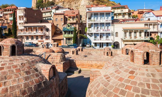 TBILISI, GEORGIA - Sep 24, 2019: A cluster of hotels near the old