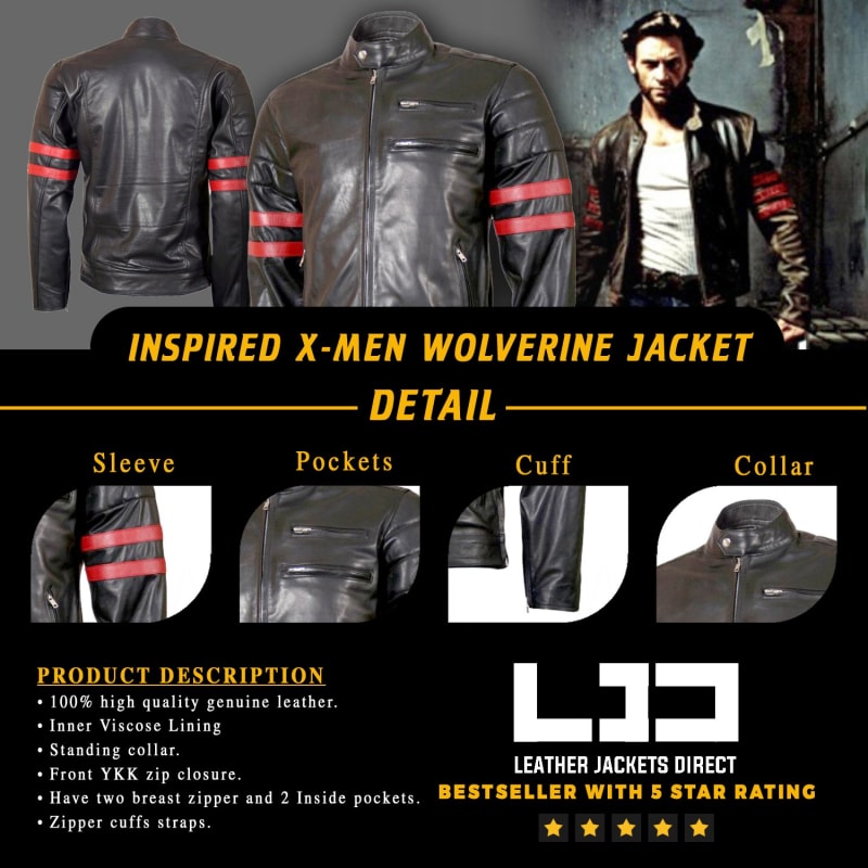 X-Men-Wolverine-Black- with-Red-Strips- Biker-Leather- Jacket