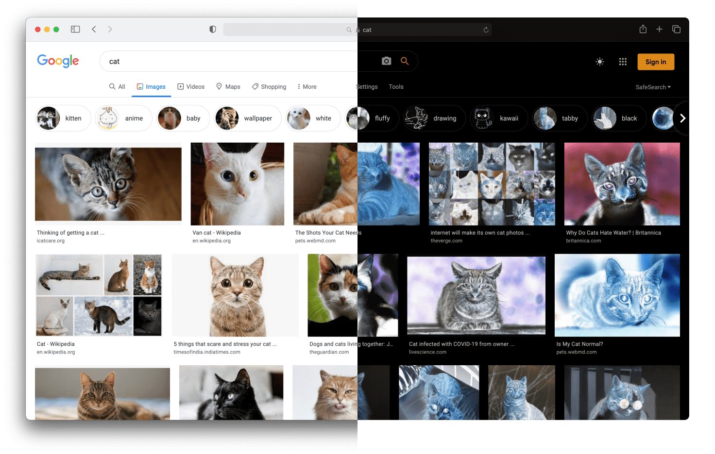 Screenshot of a Google Images search for cats. Split in half where the first half is normal. In the second half, the colours are inverted