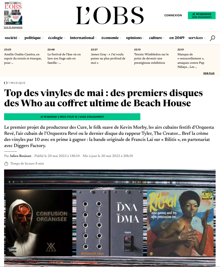 article de l'obs : le vynile Confusion Organisée de Paro XX dans le top de mai du média