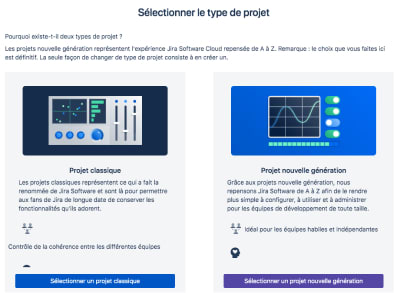 Les 2 types de projets sur Jira : le projet classique et le projet nouvelle génération Les 2 types de projets sur Jira : le projet classique et le projet nouvelle génération
