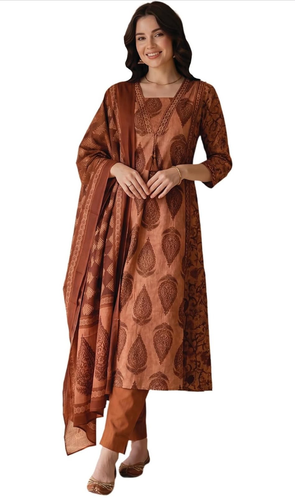 INDO ERA Women's Pure Cotton Geometric Printed Mirror Work Kurta & Pant with Dupatta Set