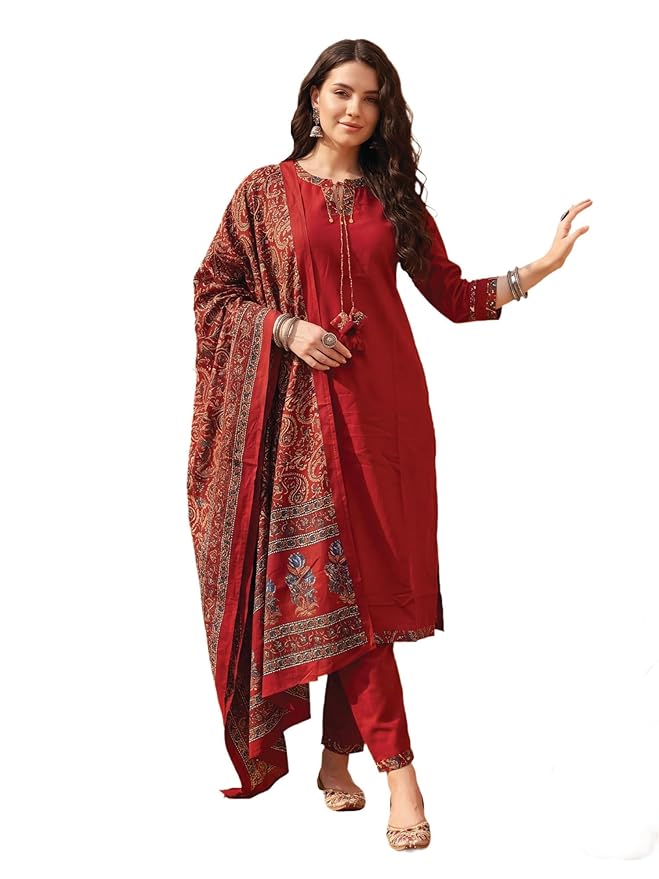 INDO ERA Women's Cotton Kurta & Pant with Dupatta Set
