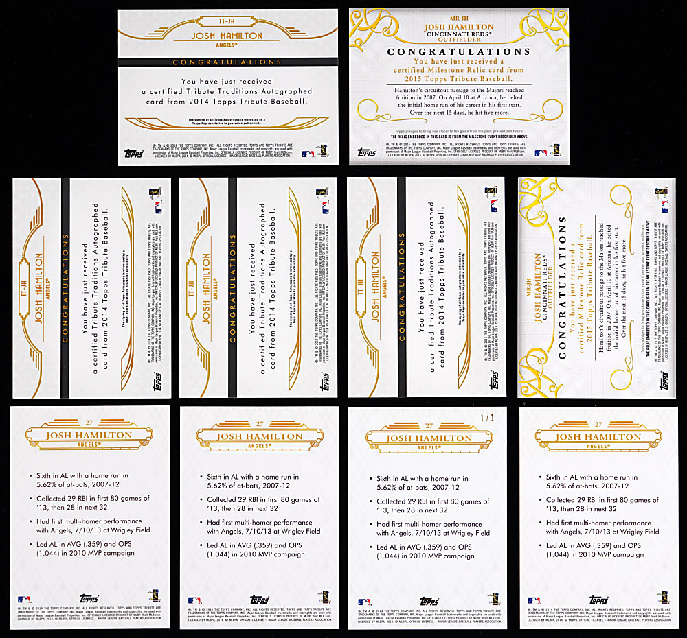 2014 & 2015 Topps Tribute Josh Hamilton Collection (10) with (4) Certified Autos & (3) #1/1