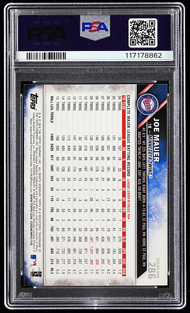 2016 Topps #286 Joe Mauer Super Shortprint PSA MINT 9