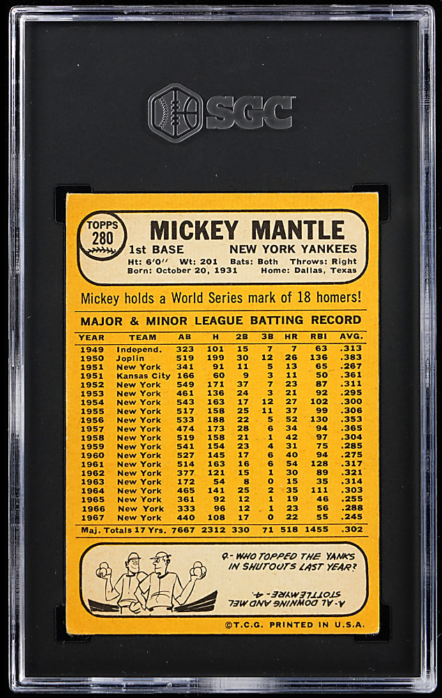 1968 Topps #280 Mickey Mantle SGC VG/EX 4
