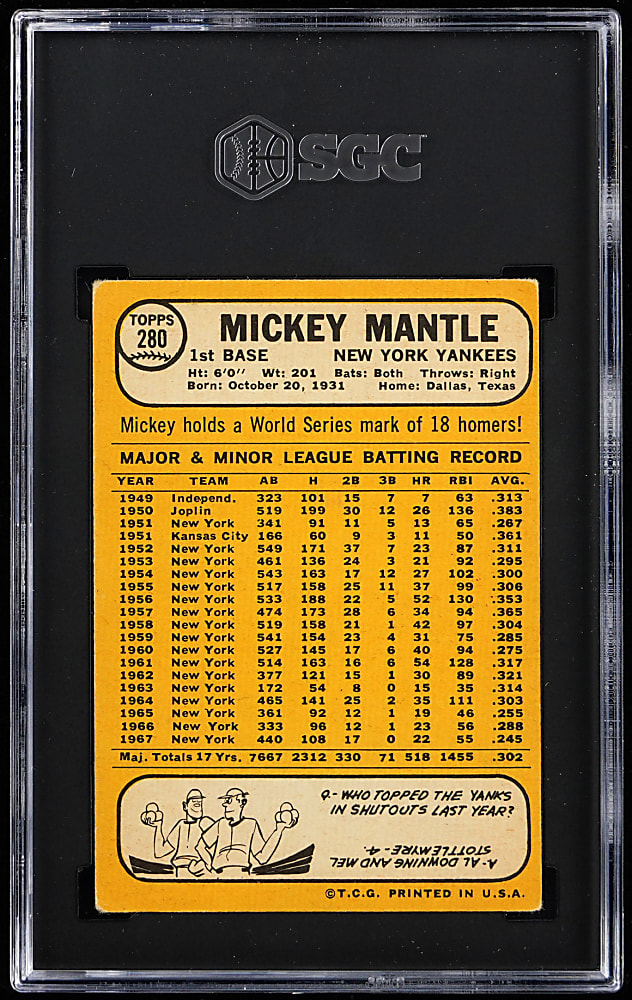 1968 Topps #280 Mickey Mantle SGC VG/EX 4