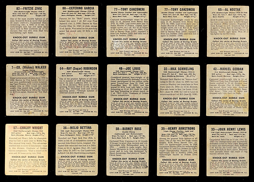 1948 Leaf Boxing Collection (15) with #48 Joe Louis & #64 Sugar Ray Robinson