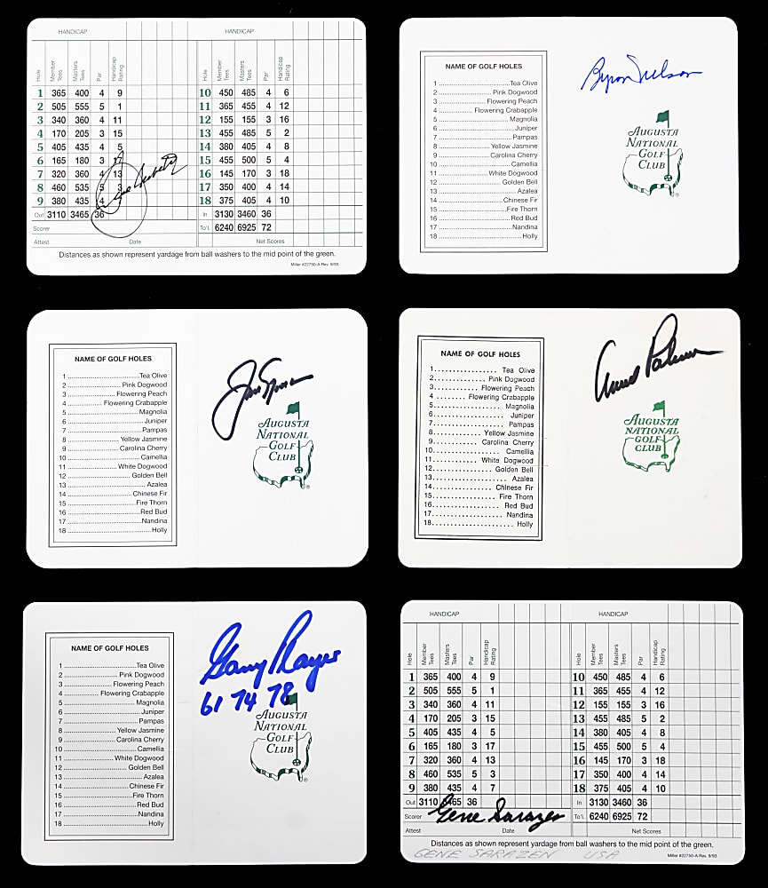 Masters Tournament Champions Signed Augusta National Golf Club Scorecard Partial Set (35/56) with Nicklaus & Palmer
