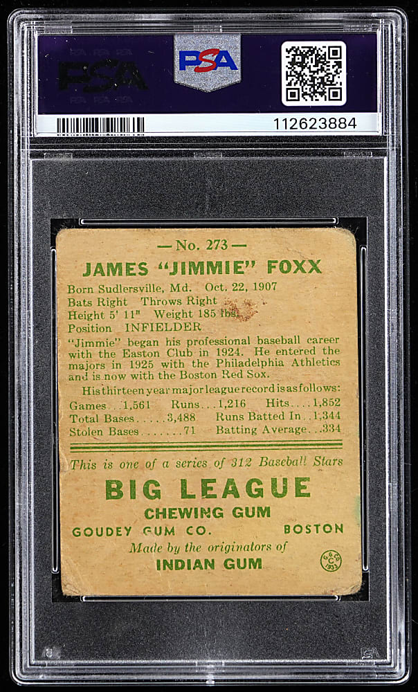1938 Goudey #273 Jimmie Foxx PSA POOR 1