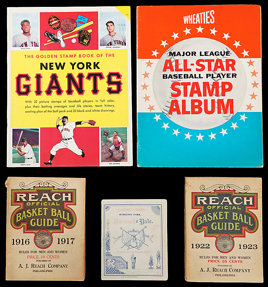 1883-1980 Multi-Sport Publications (32) with 1883 Harvard vs. Yale, Golden & Wheaties Stamp Albums & Early Basketball/Hockey