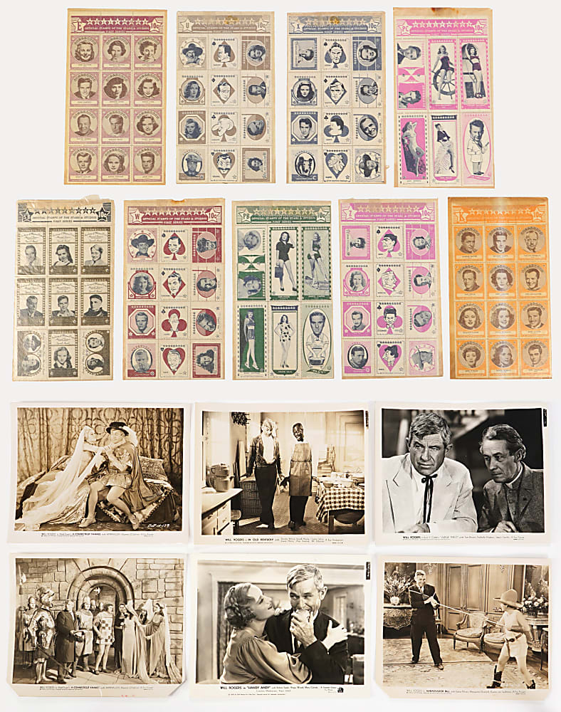 1930s-1940s Hollywood Collection with (59) Will Rogers Movie Stills & (9) Hollywood Starstamps Unopened Sheets