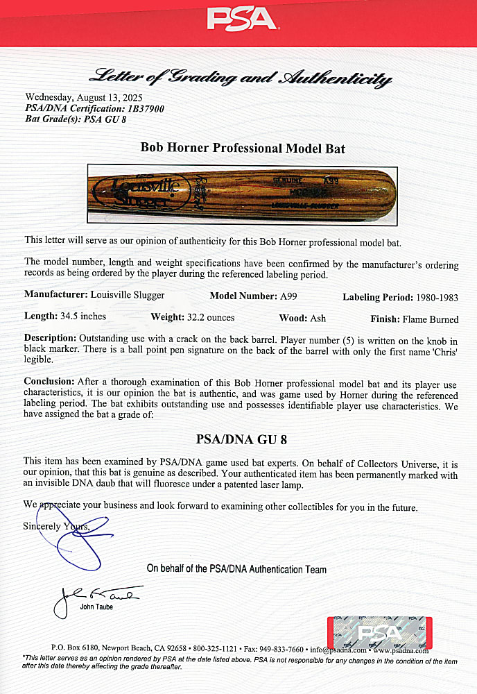1980-1983 Bob Horner Atlanta Braves Game Used Bat - PSA/DNA G/U 8
