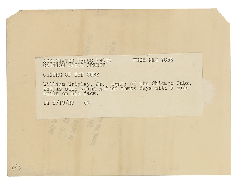 1929 William Wrigley Original News Service Photograph