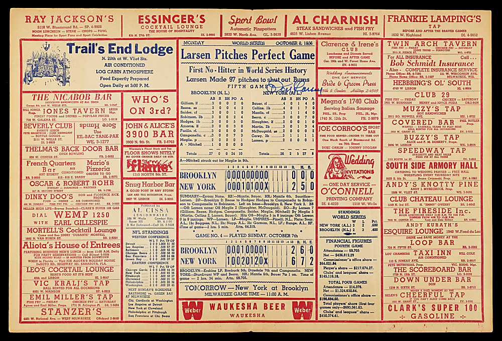 Don Larsen Signed 1956 World Series Perfect Game Off-Site Commemorative Scorecard