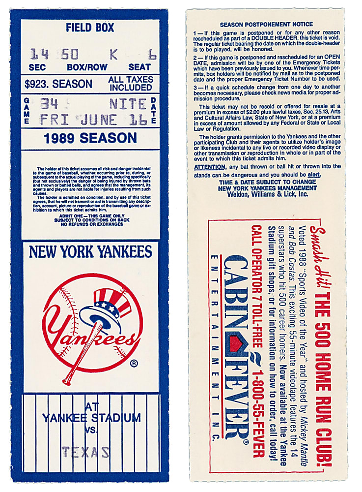 1989 Texas Rangers vs. New York Yankees Ticket Stub - Sammy Sosa MLB Debut