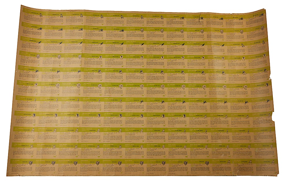 1961 Fleer Football Low Series Complete Set (132) Uncut Sheet with Several Hall of Famers Including Jim Brown, Bart Starr & Johnny Unitas