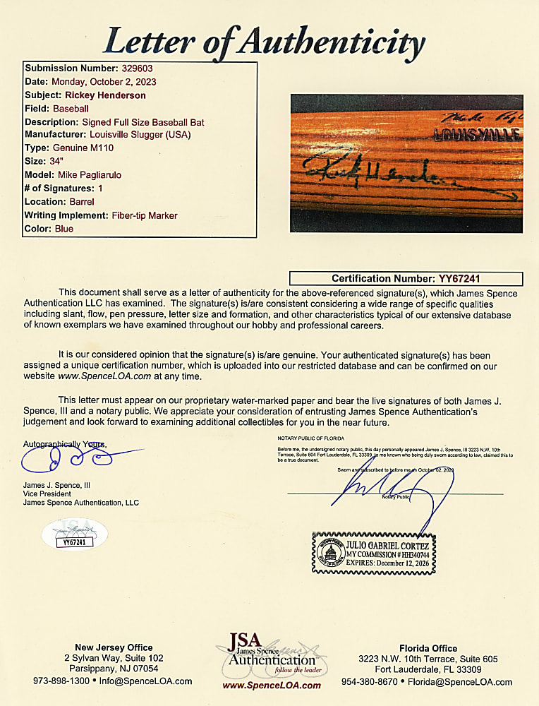 1985-1986 Rickey Henderson Signed Game-Used Pagliarulo Bat - PSA/DNA GU 8 & Full JSA LOA