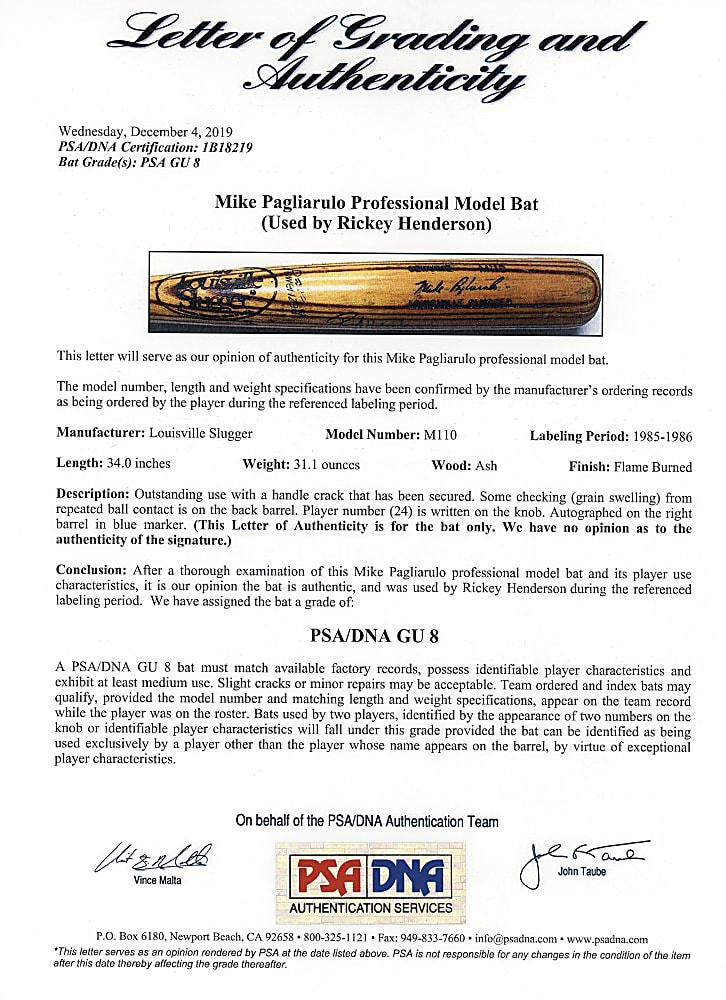 1985-1986 Rickey Henderson Signed Game-Used Pagliarulo Bat - PSA/DNA GU 8 & Full JSA LOA