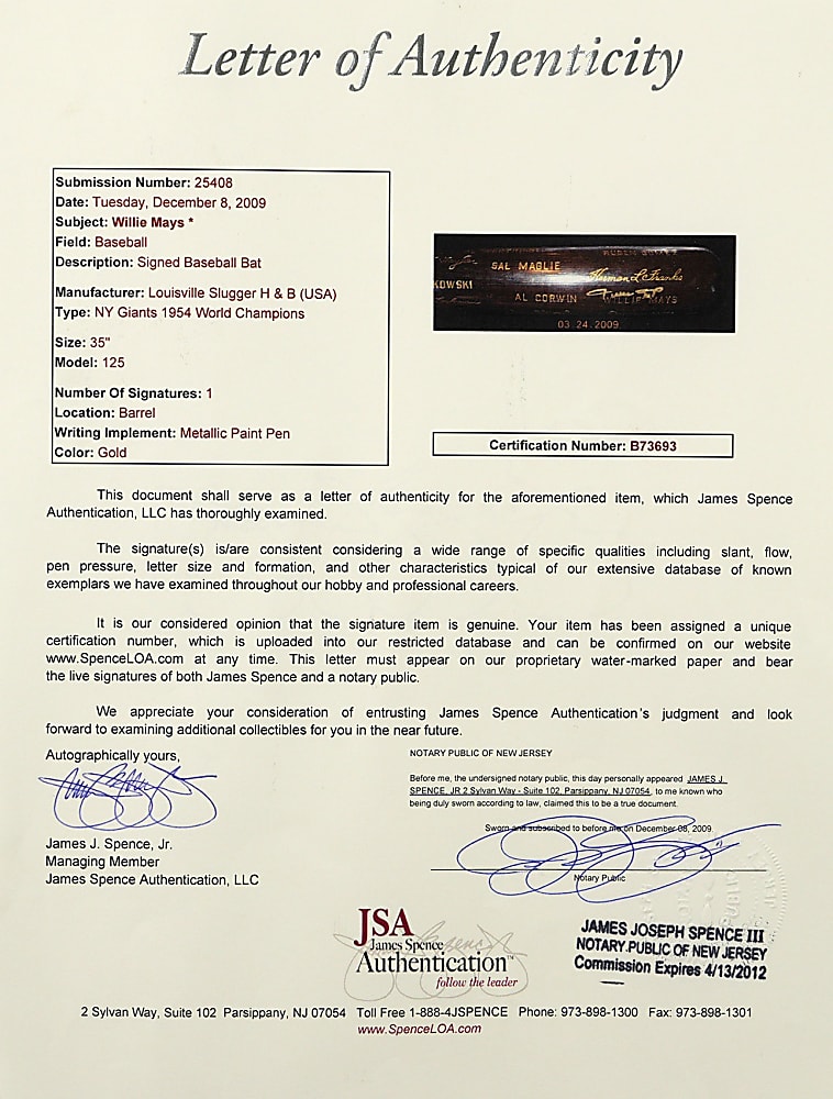 1954 New York Giants World Champions Black Bat Signed by Willie Mays with Full JSA LOA