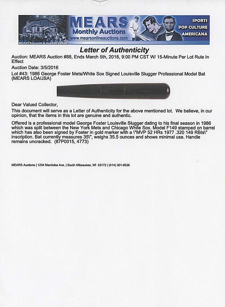 1986 George Foster Signed and Inscribed Louisville Slugger Professional Model Bat - MEARS ALOA & JSA COA