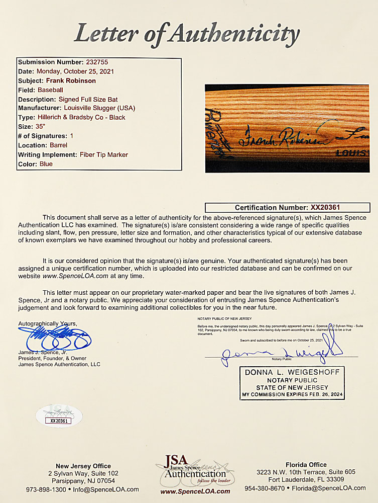 1974-1975 Frank Robinson Cleveland Indians Signed Pro-Model Bat with MEARS (A5) & Full JSA LOA