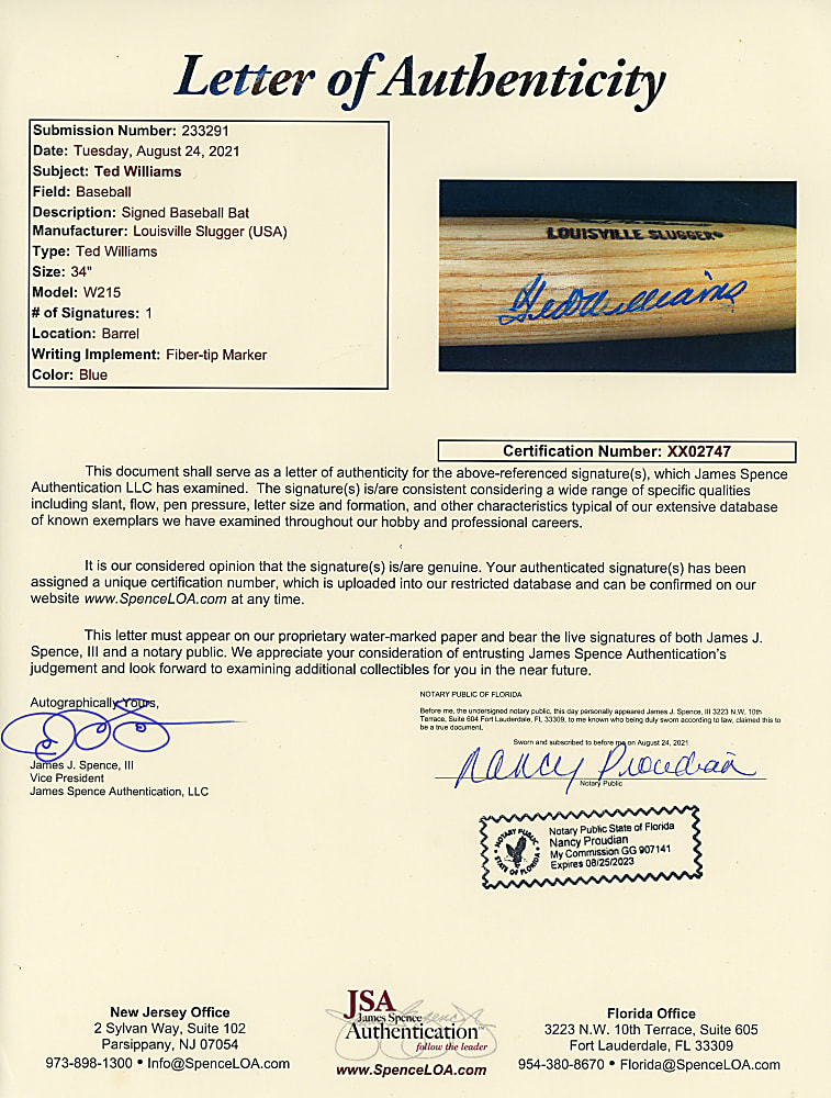 Ted Williams Signed Louisville Slugger Baseball Bat with Full JSA LOA