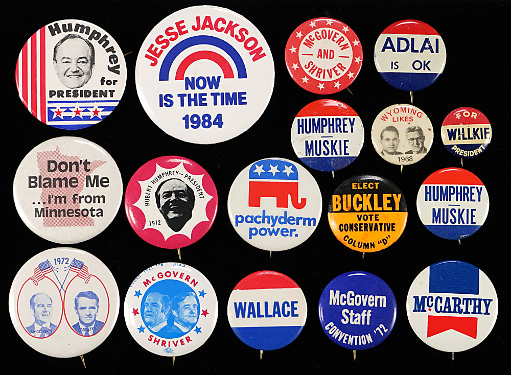 1940s-2010s Political Pins and Ephemera Collection (34) with John F. Kennedy