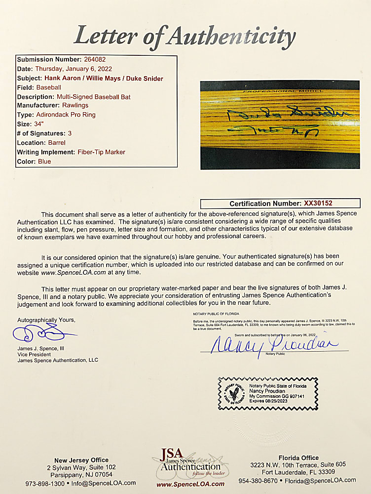 Hank Aaron, Willie Mays & Duke Snider Triple-Signed Adirondack Pro Ring Bat with Full JSA LOA