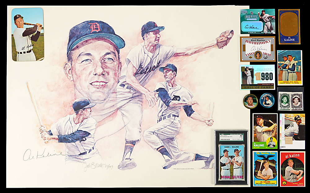 1958-Modern Al Kaline Collection (37) with Vintage Cards, Certified Autographs & Signed Jersey/Print