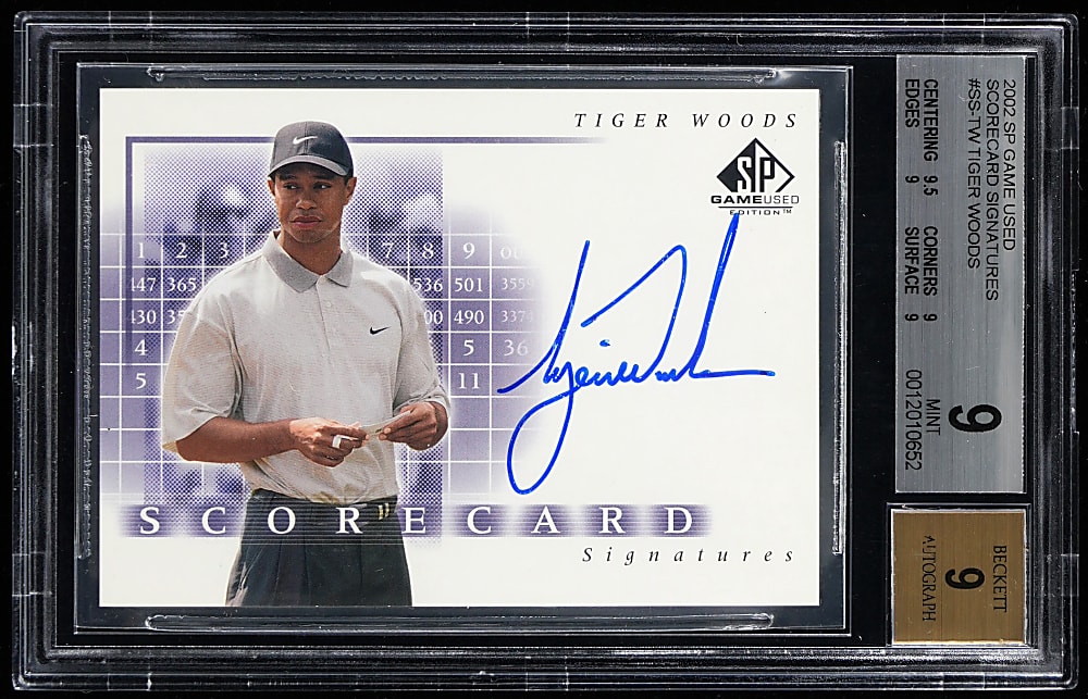 2002 SP Game-Used Golf Edition Tiger Woods Scorecard Signatures BGS Mint 9 with "9" Autograph Grade