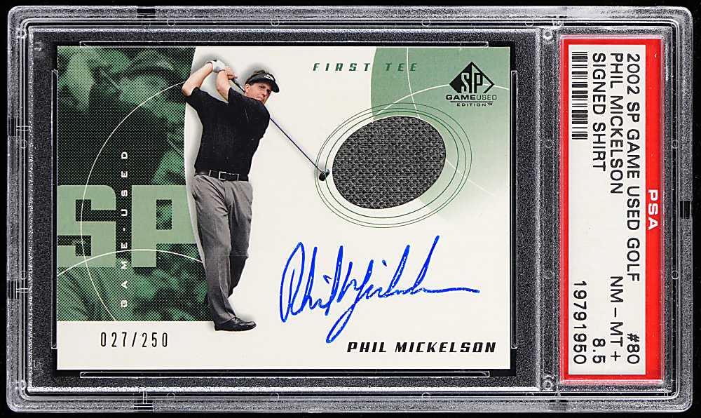 2002 SP Game-Used Edition Golf #80 Phil Mickelson Signed Relic PSA NM-MT+ 8.5
