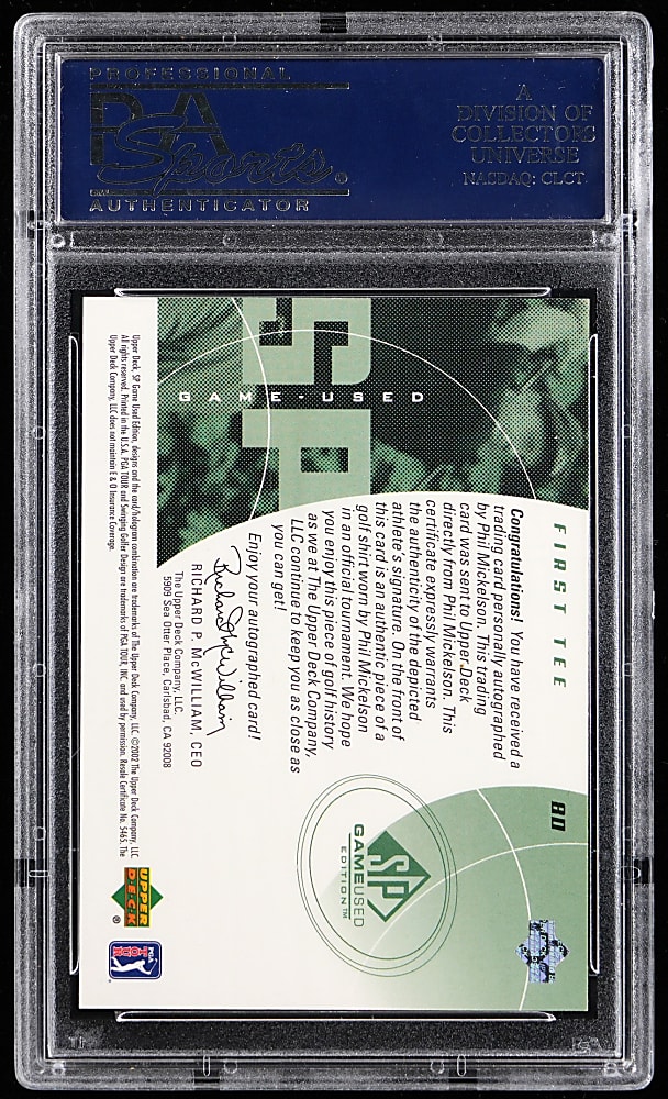 2002 SP Game-Used Edition Golf #80 Phil Mickelson Signed Relic PSA NM-MT+ 8.5