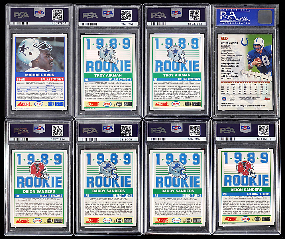 1989-1998 Football Hall of Fame PSA Graded Rookies (8) with (2) 1989 Score Barry Sanders MINT 9