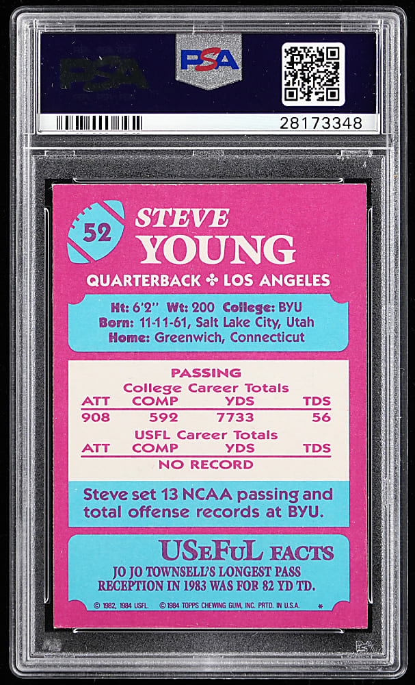 1984 Topps USFL #52 Steve Young Rookie PSA NM-MT+ 8.5