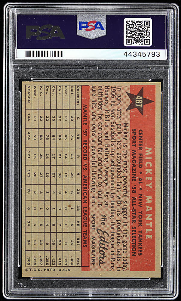 1958 Topps #487 Mickey Mantle All-Star PSA NM-MT 8