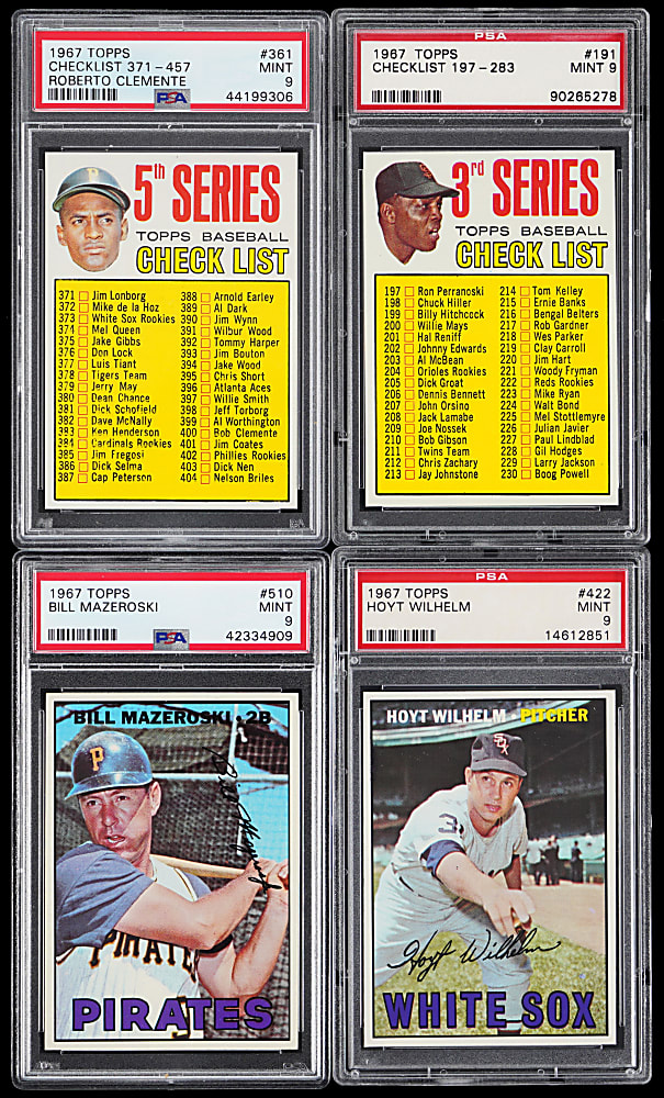 1967 Topps Hall of Fame PSA MINT 9 Collection (4) with #191 Willie Mays & #361 Roberto Clemente Checklists