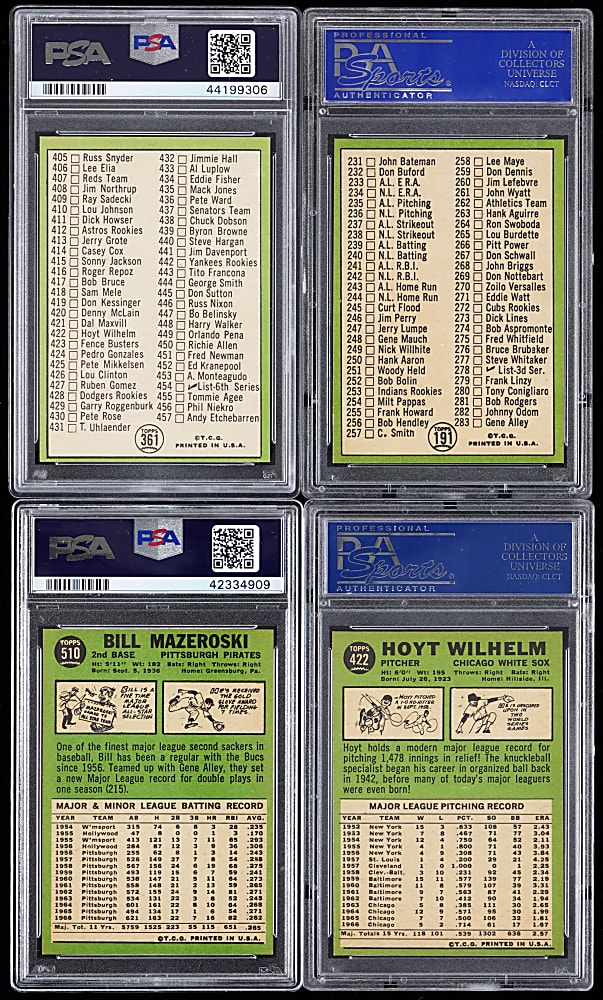 1967 Topps Hall of Fame PSA MINT 9 Collection (4) with #191 Willie Mays & #361 Roberto Clemente Checklists