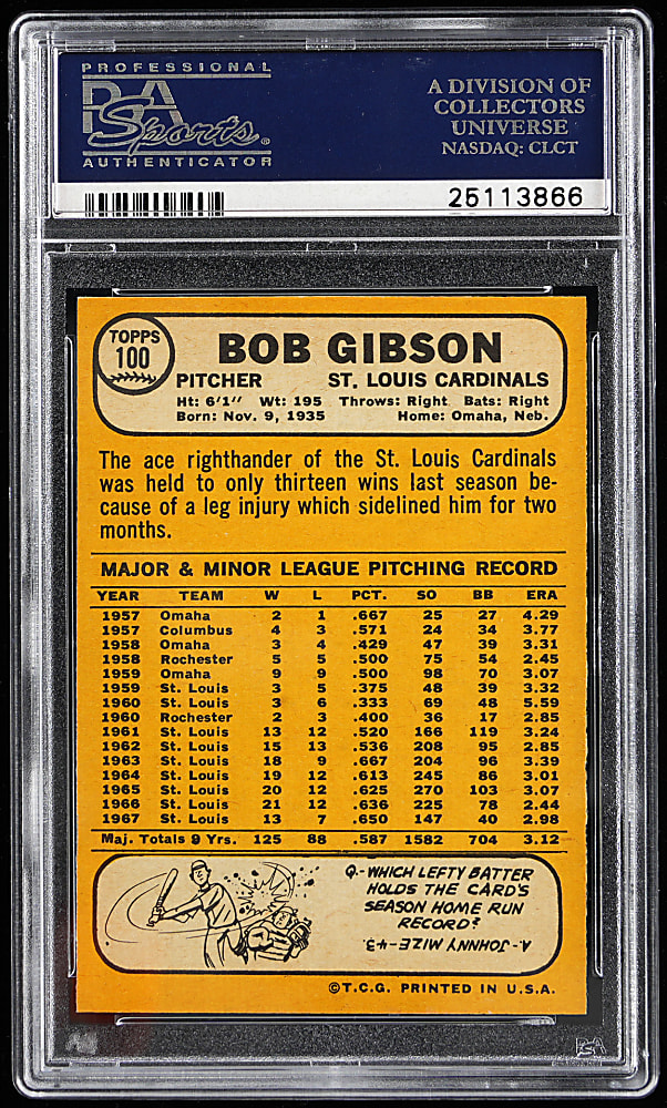 1968 Topps #100 Bob Gibson PSA MINT 9