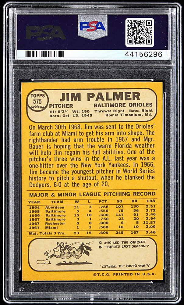 1968 Topps #575 Jim Palmer PSA MINT 9