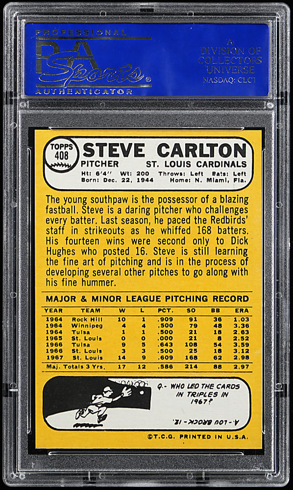 1968 Topps #408 Steve Carlton PSA MINT 9