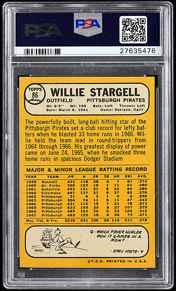 1968 Topps #86 Willie Stargell PSA MINT 9