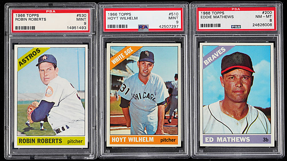 1966 Topps Hall of Fame PSA NM-MT 8 to MINT 9 Graded Trio with Mathews, Roberts & Wilhelm
