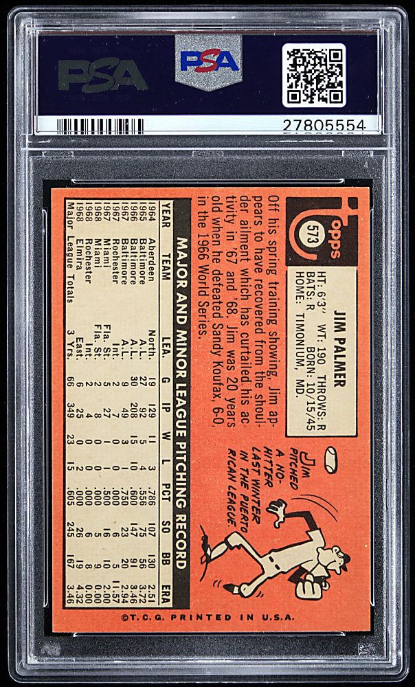 1969 Topps #573 Jim Palmer PSA MINT 9