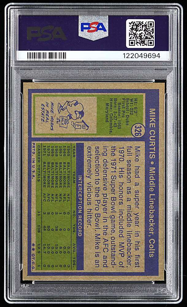 1972 Topps Football #326 Mike Curtis High Number PSA GEM MINT 10 - Population 9